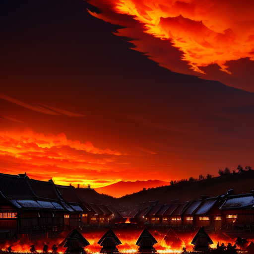 Under a fiery sky, the warlord's vast army charges towards the small village; the villagers and the samurais stand ready, their faces hardened with grim determination.